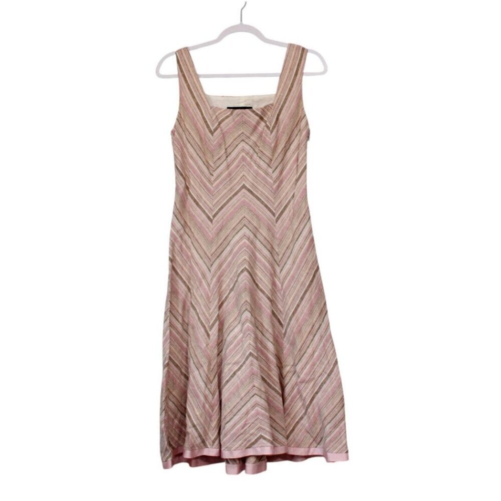 Fit & Flare Swing Midi Dress Size 4 Linen Chevron Beach Retro Boho Sundress